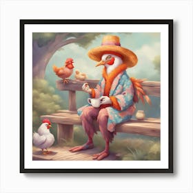 Chickens On A Bench Art Print