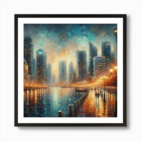 City On The Water At Night Commercial Hotel Art Print