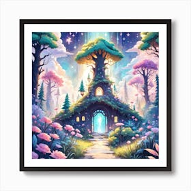 A Fantasy Forest With Twinkling Stars In Pastel Tone Square Composition 185 Art Print