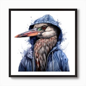 Watercolour Cartoon Heron In A Hoodie 2 Art Print