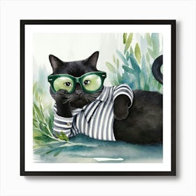 Black Cat With Glasses Art Print