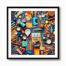 Colorful School Supplies On A Blue Background Art Print