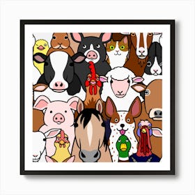 Seamless Doodle Farm Animals Colorful Art Print