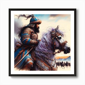 Mongolian Warrior On A Horse Vivid Color Drawing 1 Art Print