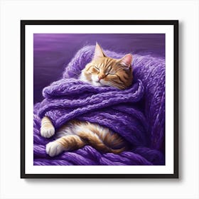 Cat Sleeping In Purple Blanket Art Print