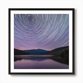 Star Trails Over Lake Art Print