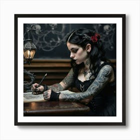 A Captivating Image Of A Realistic Goth Girl With Intricate Black And Gray Tattoos Adorning Her Arms. Art Print