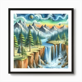 Pine Tree Valley Waterfall (Mystic Surrealism) Style A Art Print