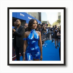 An Ethopian Black Woman Voluptuous Sexy Wearing A Blue Blue Short Latex Dress on Blue Carpet Daylight - Created by Midjourney Art Print