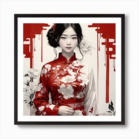 Chinese Girl In Red Dress Art Print