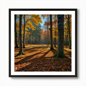 A Vibrant Autumn Forest With A Carpet Of Fallen Leaves And A Clear Blue Sky Art Print