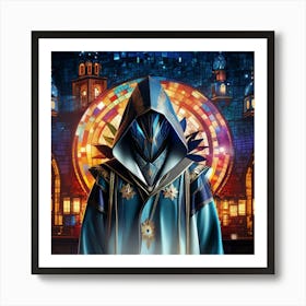 Guardian’s Aura: Mystical Echoes in the Stained Glass Metropolis Art Print