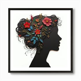 Silhouette Of A Woman With Flowers Art Print