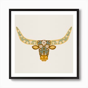 Floral Longhorn   Yellow And Blue Square Art Print