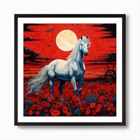 White Horse In Red Poppy Field Art Print