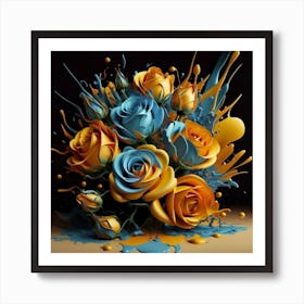 Blue And Yellow Roses splash flowers spring Art Print