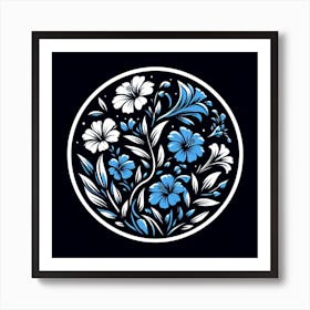 Blue And White Flowers In A Circle Art Print