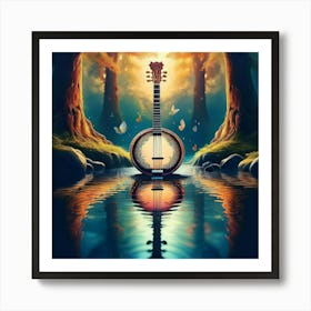 Firefly Banjo, Water, Enchanted, Forest, Kaleidoscope, Colors, Magical, Nature, Music, Instrument, F (25) Art Print