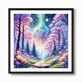 A Fantasy Forest With Twinkling Stars In Pastel Tone Square Composition 213 Art Print