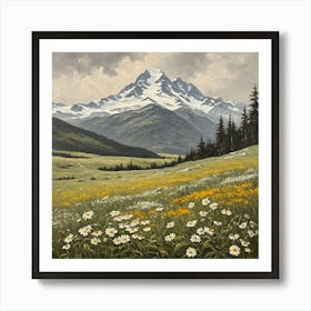 vintage oil painting of wild flowers in a meadow, mountains in the background 6 Art Print