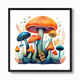 Watercolor Mushrooms And Ferns Art Print