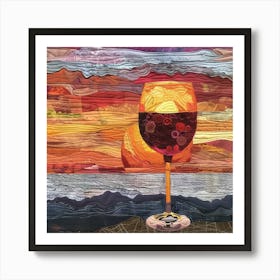 Fabric Art Of A Glass Of Red Wine With A Sunset Art Print