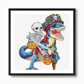 Pumpkin Skeleton Riding Dinosaur Halloween Boy Girl Kids Art Print