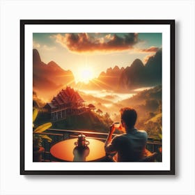 Man Drinking Tea In The Mountains Art Print