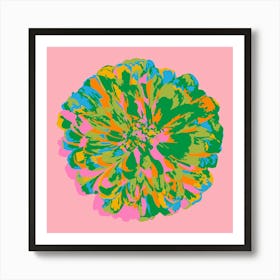 CHRYSANTHEMUMS Single Abstract Polka Dot Floral Summer Bright Flower in Green Blue Pink Yellow on Pale Pink Art Print