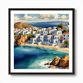 Crete, Greece.Summer on a Greek island. Sea. Sand beach. White houses. Blue roofs. The beauty of the place. Watercolor. Art Print