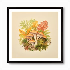 Chanterelles and heucheras - mushroom art print - mushroom botanical print Art Print