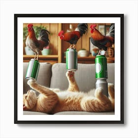 Rooster And Cat Art Print