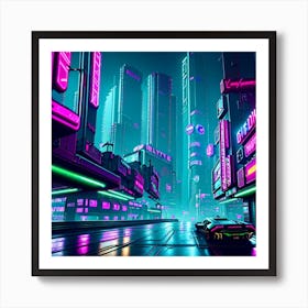 Cyberpunk 2077 , cyborg , neon glass , roads , neon signs , bloom, city view Art Print