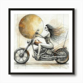 Girl On A Chopper Motorcycle Art Print