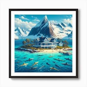 An island with sharks (Variant 4) Art Print