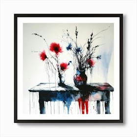 Flowers In Vases Stephen Gammell style, dessin, aquarelle, aquarelles, noir et blanc et rouge , de marais, de sombres créatures, dégoulinant, pink and blue flowers in a vase placed on a table. 1 Art Print