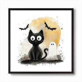 Cute Halloween Black Cat & Ghost Art Print