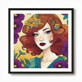 Red Haired Girl With Flowers Art Print