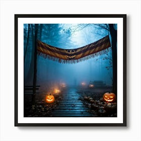 Fog Holiday Greeting Scarey Evil Dark Ominous Leaf Stripes Haunting Wood Carving Flames (27) Art Print