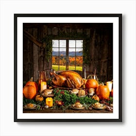 Autumn Feast Featuring Roasted Turkey Garnished With Fresh Herbs Surrounded By Carved Pumpkins Din 2 Art Print