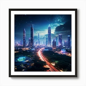 Bangkok Cityscape Set In A Futuristic Era Skyscrapers Ablaze With Neon Lights Merging Seamlessly W (5) Art Print