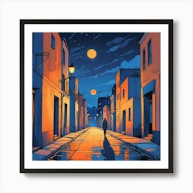 Night Scene Of A Street With A Person Walking Down The Street Art (4) Art Print