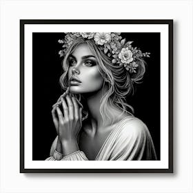 Beautiful Woman With Flowers In Her Hair Art Print