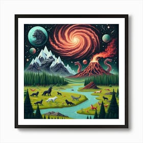 Wolf In The Meadow of a Spiralling Galaxy Art Print