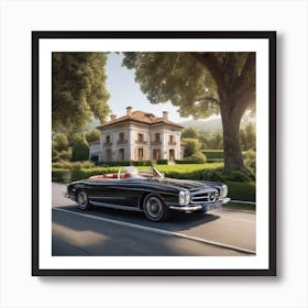 A Luxury Car Is Driving In A Rural Town Between Trees On A Street In Front Of A Luxurious Rural Villa Art Print