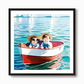Children in a little boat  Art Print