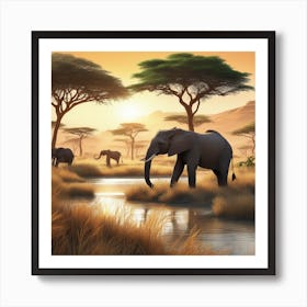 African Elephants In The Savannah Art Print