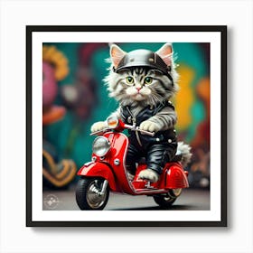 Kitten Riding Red Scooter 3 Art Print