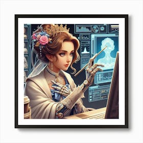 Woman Using A Computer Art Print