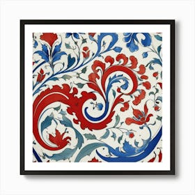 Red Blue And White Swirls Iznik Turkish Pattern Flora 2 Art Print